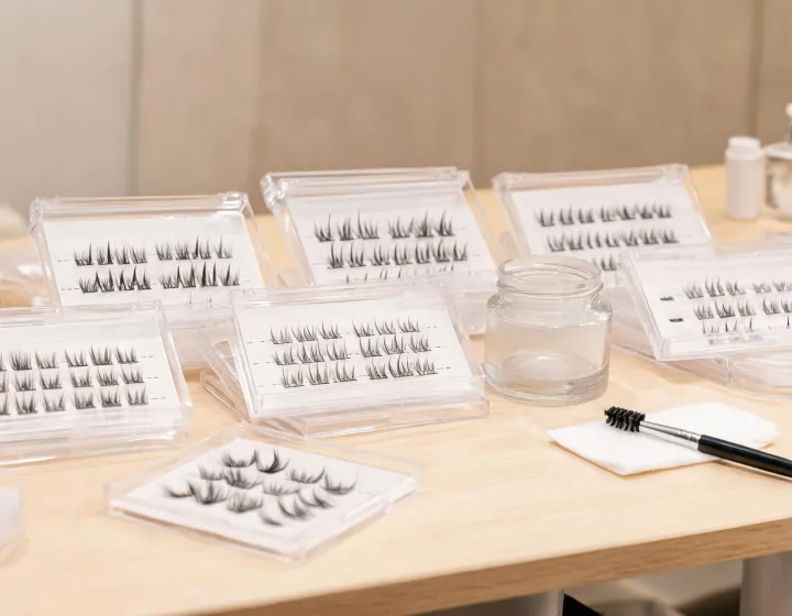 lash clusters wholesale on a cosmetics bench, illustration only